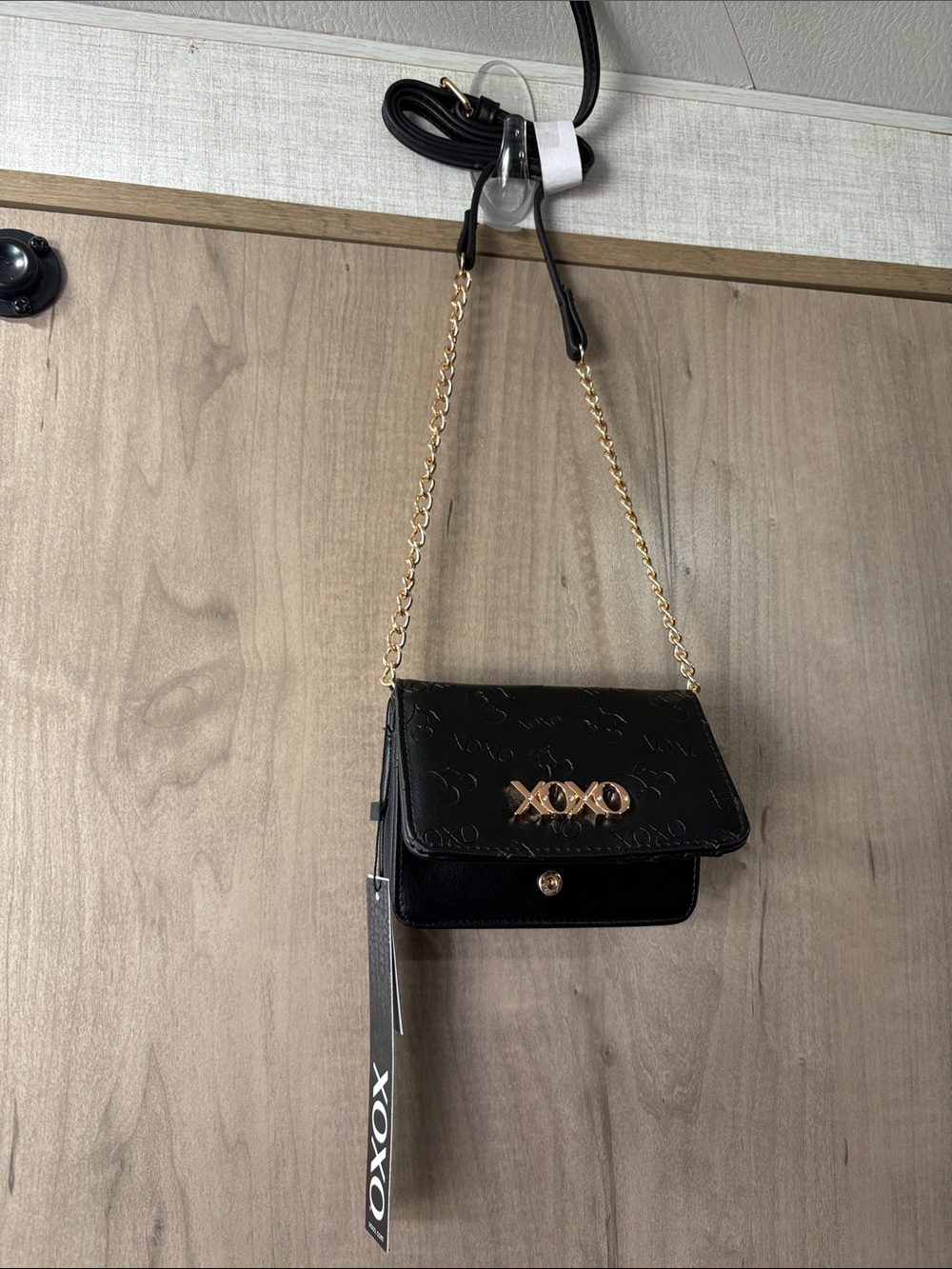 XOXO Black Chain Crossbody Bag with Gold Hardware